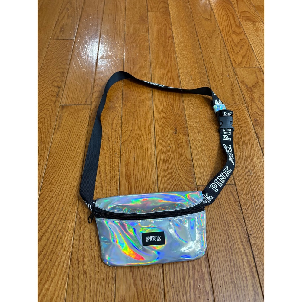 PINK Victoria's Secret Holographic Iridescent Fanny Pack Belt Bag Silver Logo